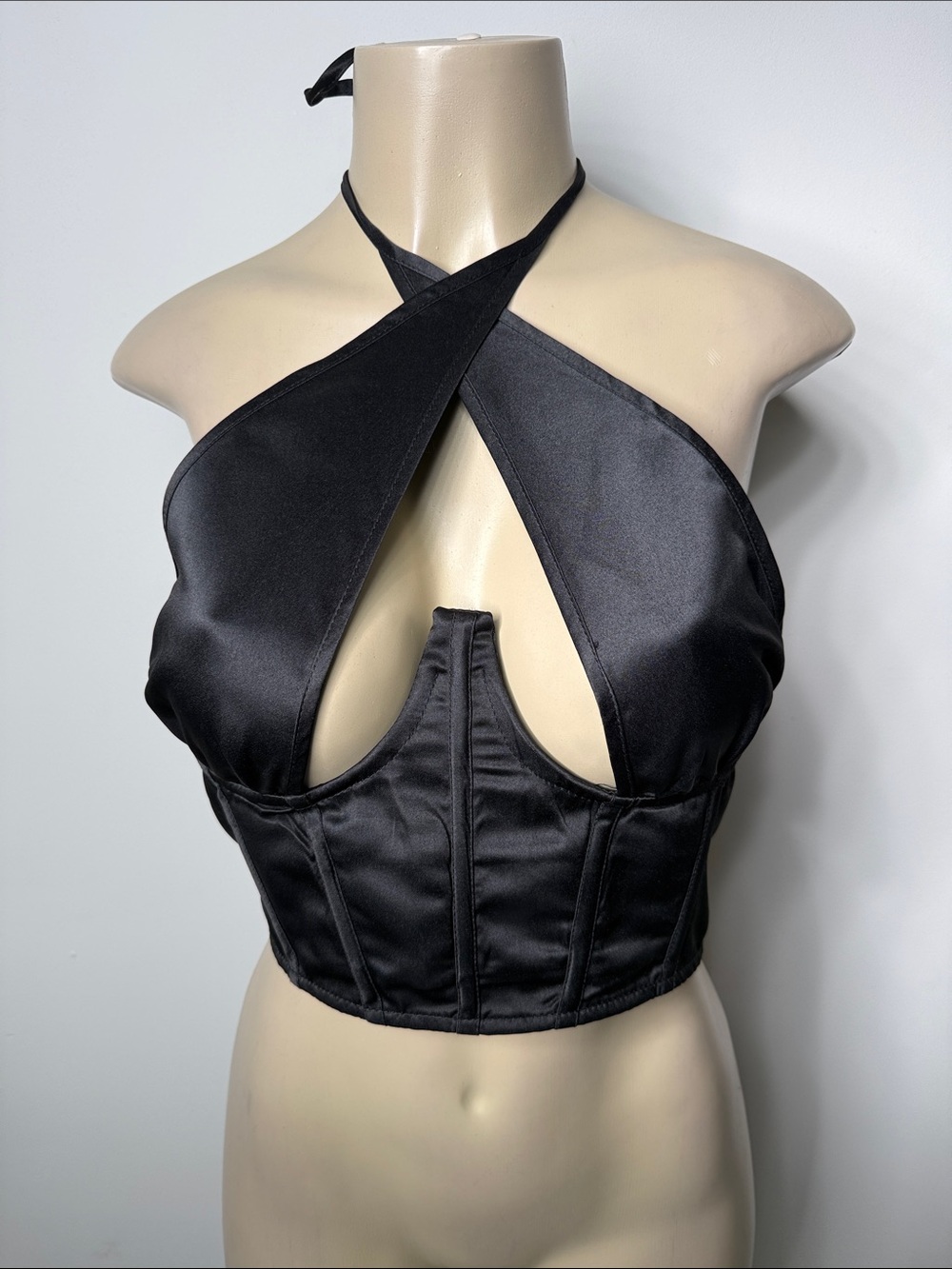 PrettyLittleThing Black Satin Cross Halter Crop Top